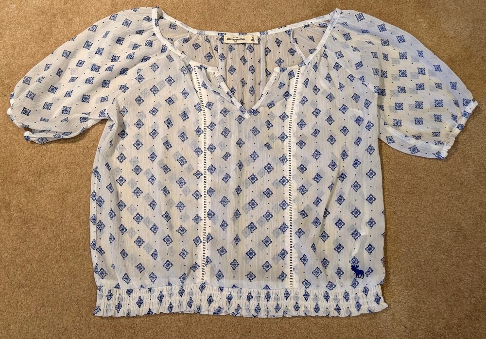 Abercrombie Kids Boho Smocked Waist Chiffon Blouse Top Blue Mosaic Girls XL